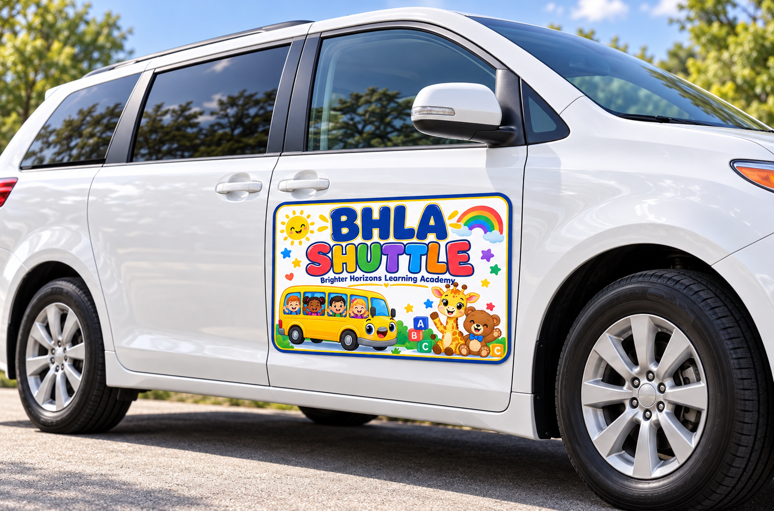 Brighter Horizons Learning Academy shuttle van with a colorful custom branded car magnet