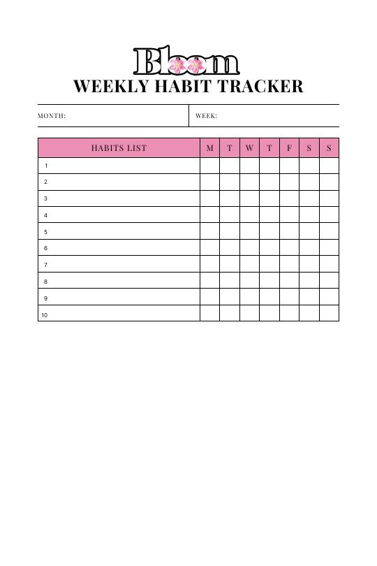 Bloom weekly habit tracker interior page