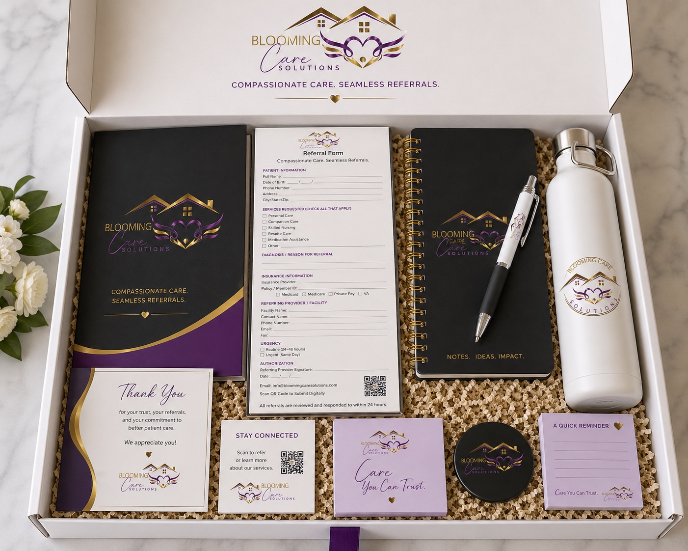 Blooming Care Solutions branded referral and onboarding collateral concept