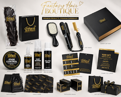 Fantasy Hair Boutique complete black and gold branded product collection
