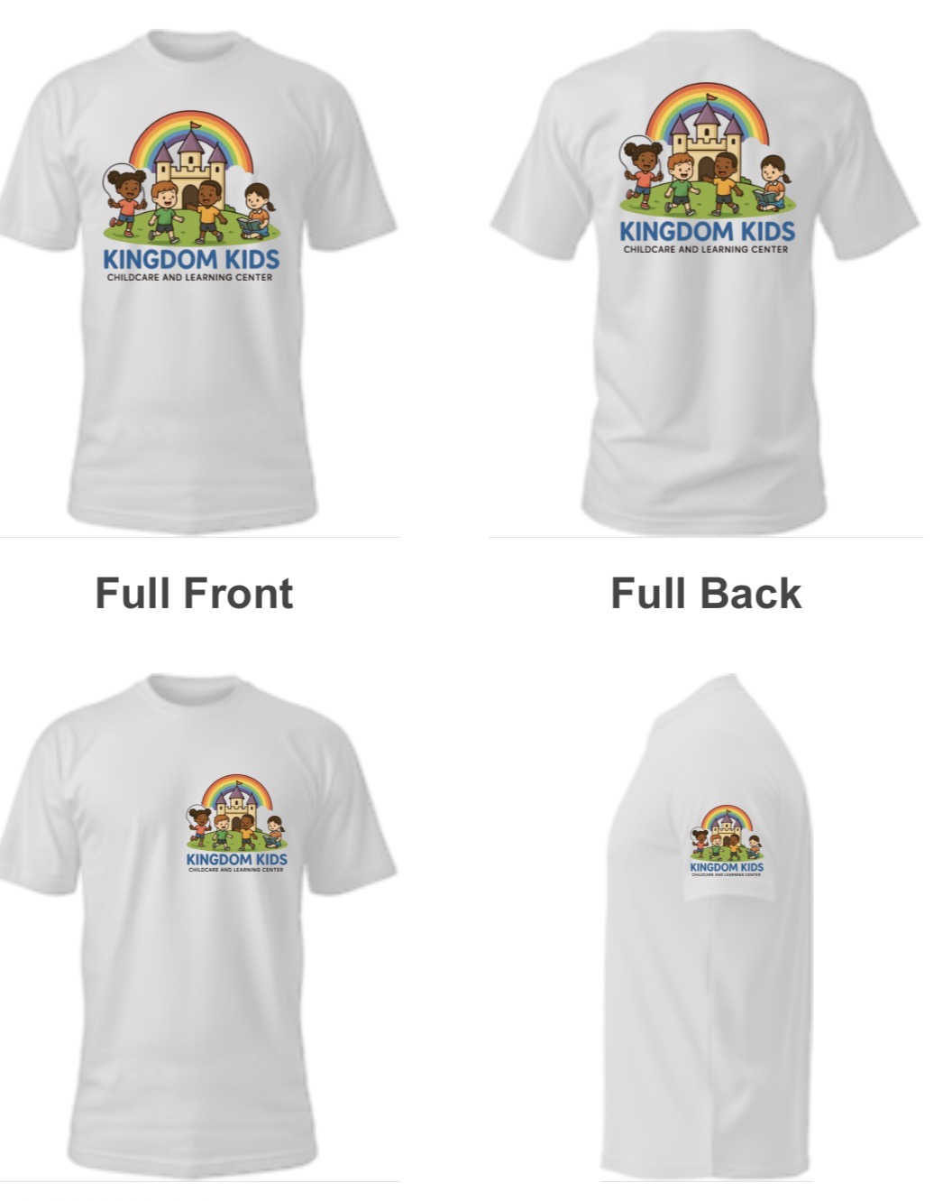 Kingdom Kids front and back childcare T shirt designs