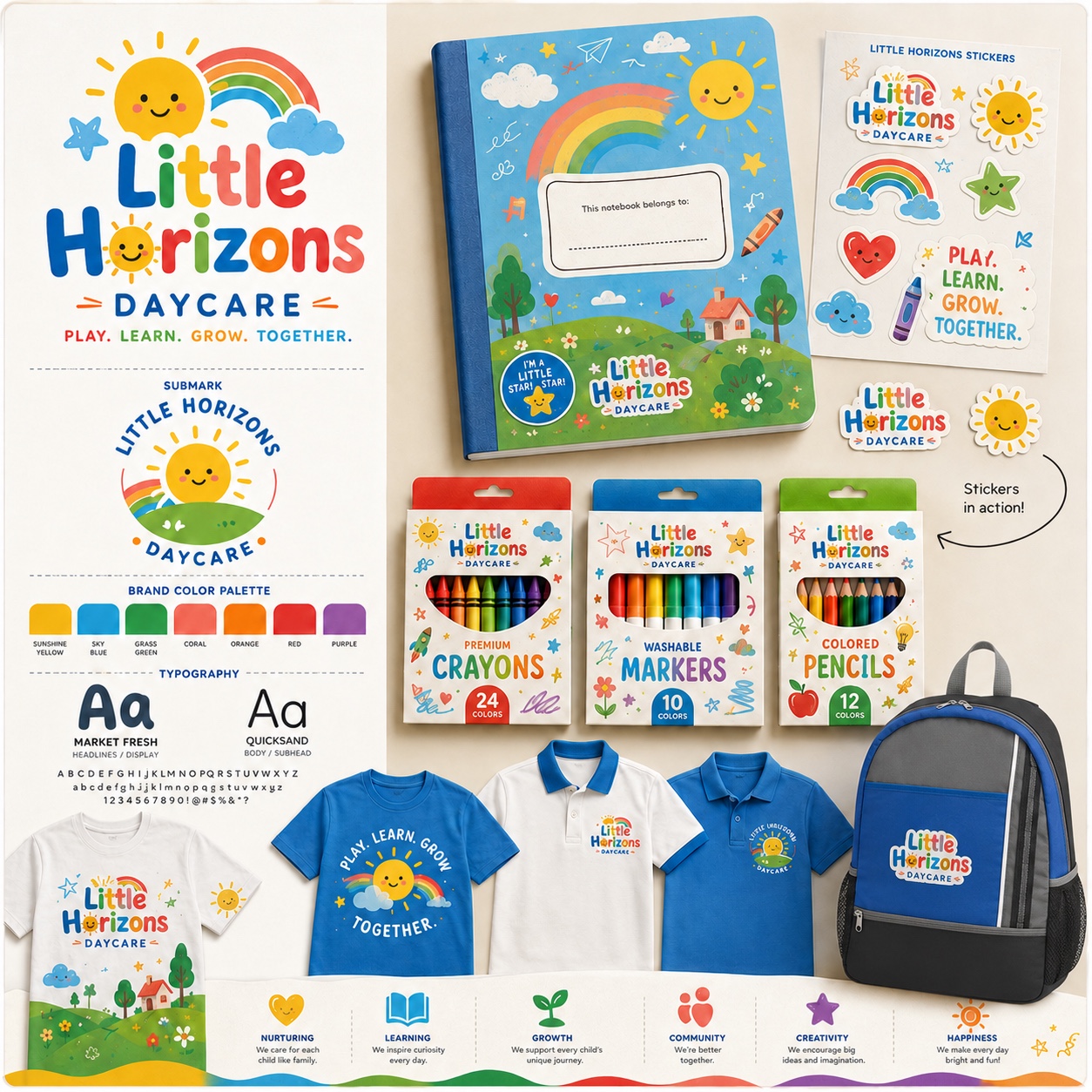 Little Horizons branded shirts, notebook, stickers, school supplies and backpack