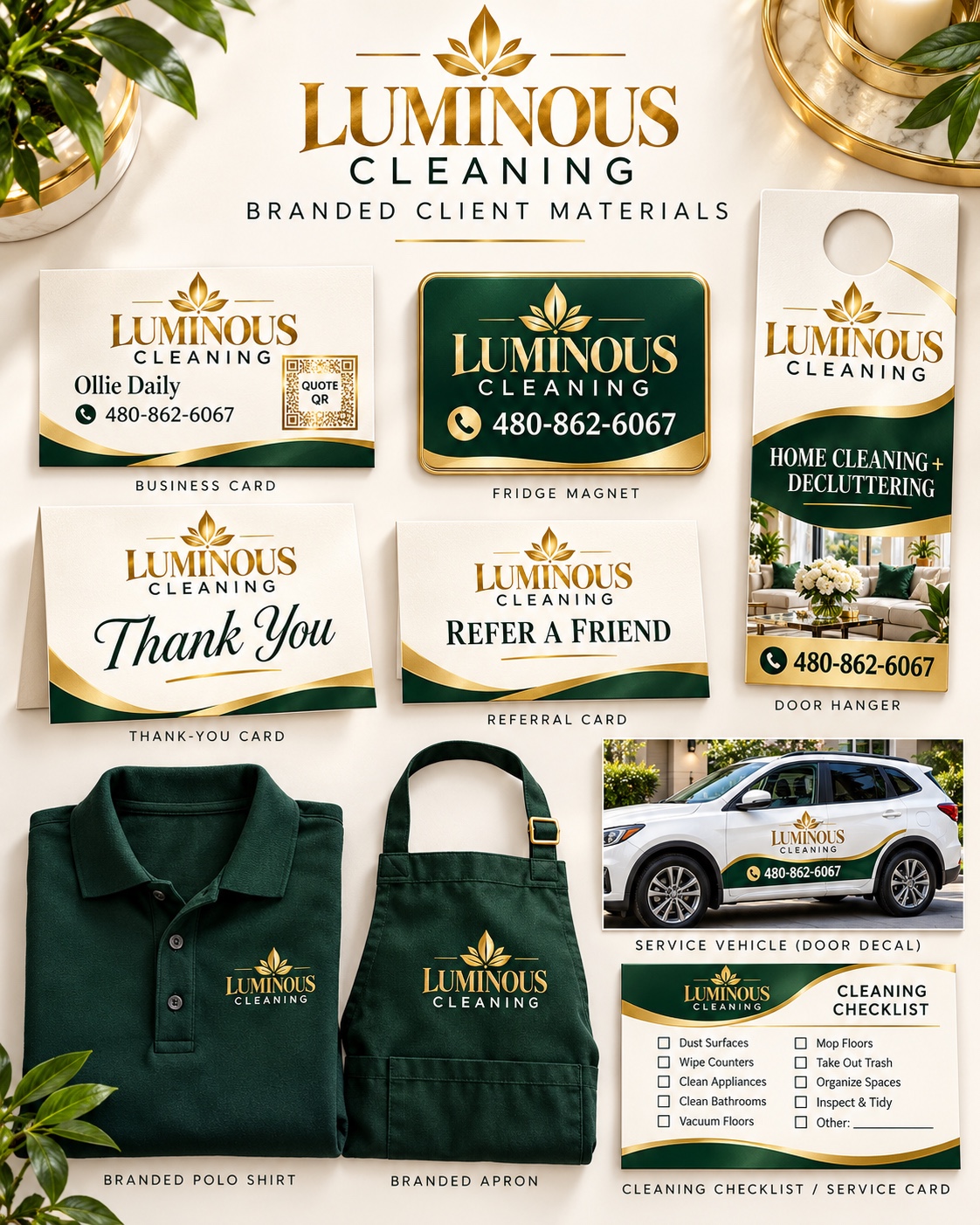 Luminous Cleaning service brand across cards, apparel, vehicle graphics and client materials