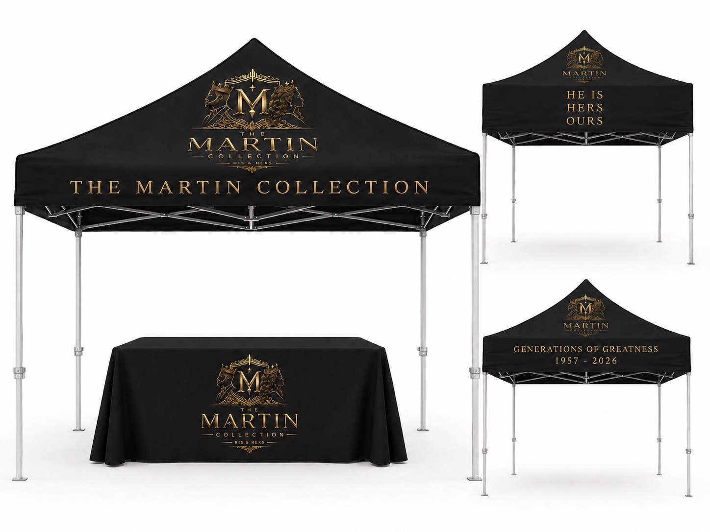 The Martin Collection black and gold branded pop up tent and event table system