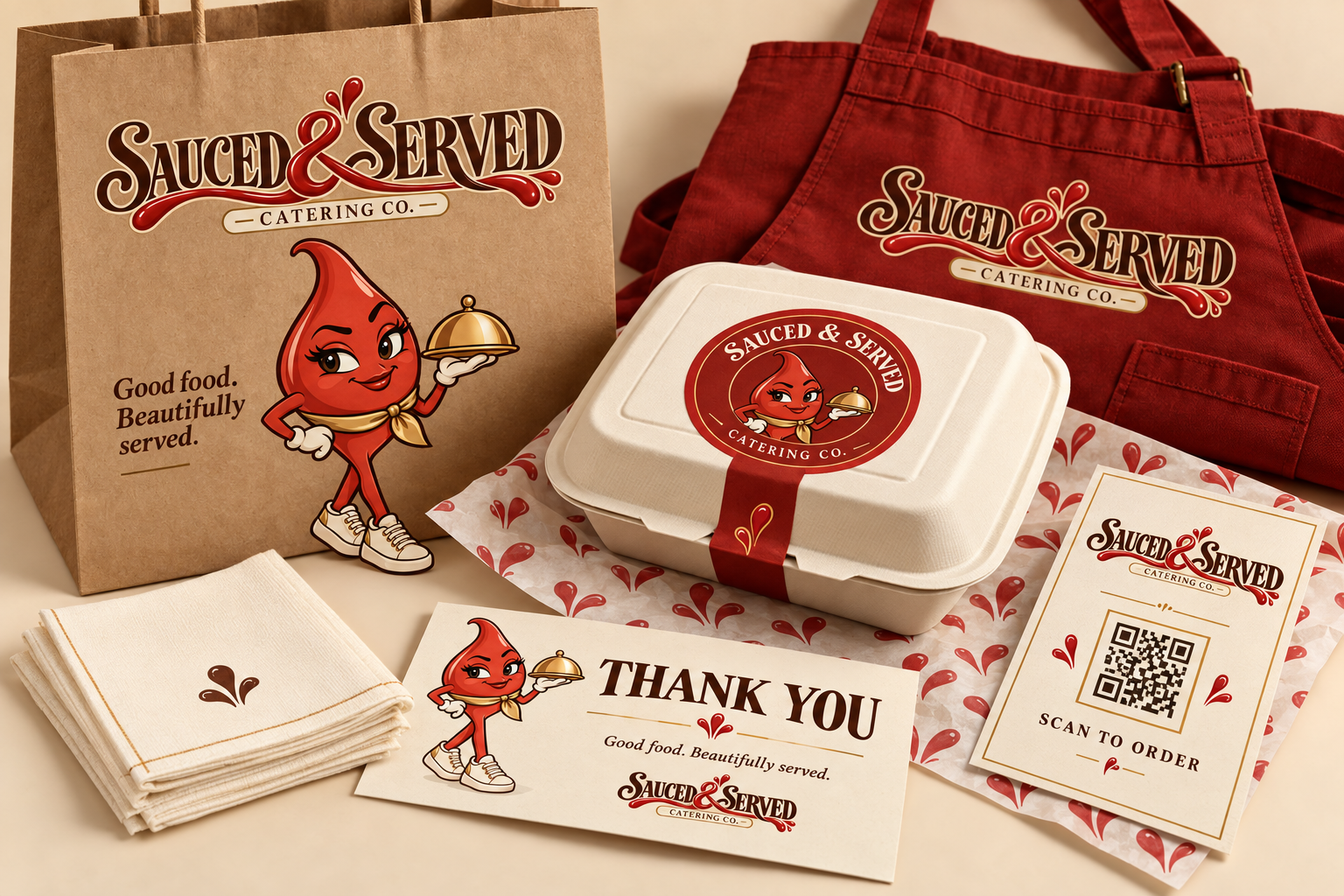 Sauced & Served packaging suite and food service brand applications