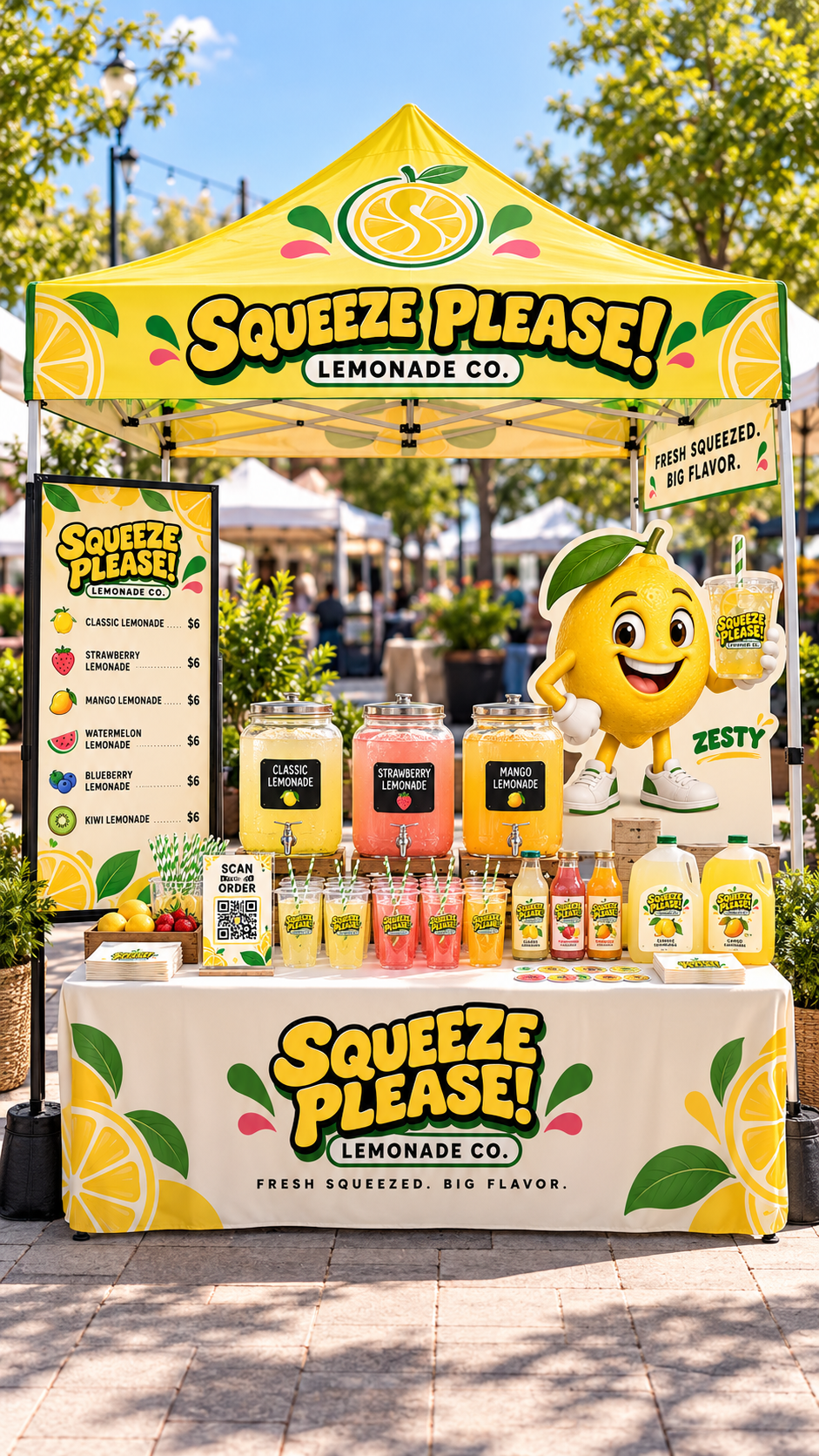 Full Squeeze Please lemonade pop up booth with bright yellow tent, menu, lemonade products and Zesty display